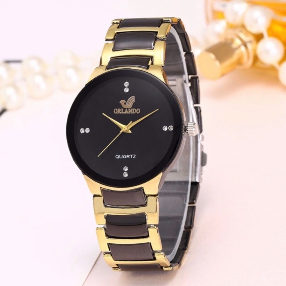 ORLANDO Mens Luxury Watch Cool Black Gold Quartz Steel Wrist watch diamond like